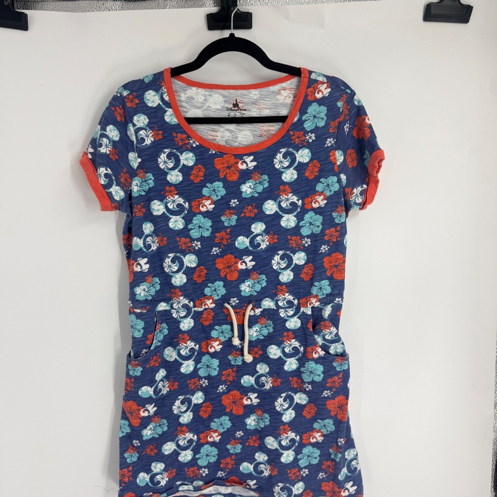 Disney Parks Mickey Mouse Tropical Hibiscus Floral Print T-Shirt Dress Blue M